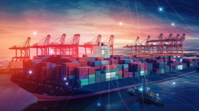 Transportation and logistic network, shipyard, containers, ship port, Generative AI