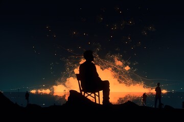 Silhouette Man Sitting By Bonfire At Night, Generative AI