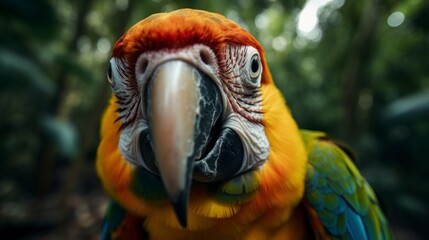 Obraz premium portrait head shot of a parrot with a tropical forest at background, bird selfie, misty hills smokes, golden hours, generative ai