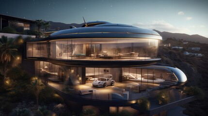 Experience High-Flying Luxury with a Rooftop Helipad and Electric Flying Car at Our Ultra-Luxurious Home, Generative AI