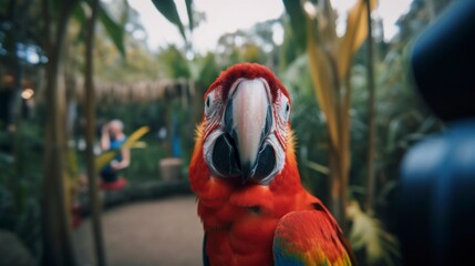 portrait head shot of a parrot with a tropical forest at background, bird selfie,  misty hills smokes, golden hours, generative ai