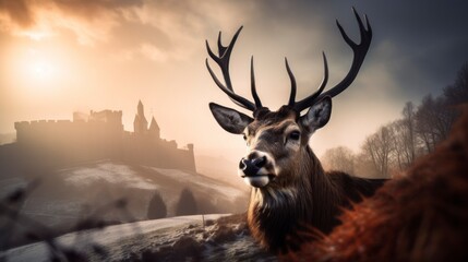 portrait head shot of a deer elk with an old castle at background, misty hills smokes, golden hours, generative ai