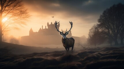 portrait head shot of a deer with an old castle at background, misty hills smokes, golden hours, generative ai
