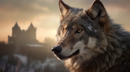 Fototapeta premium Golden Hours with a Fierce Grey Wolf: Majestic Head Shot against Old Castle and Misty Hills, in a Scenic Wilderness Portrait - Canis Lupus, Alpha Predator of Historic Ruins Medieval generative ai