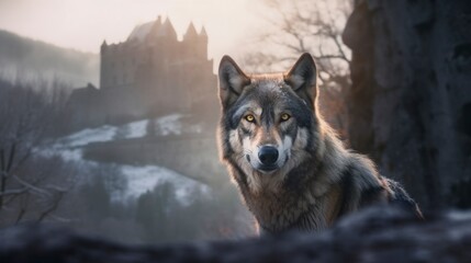 Naklejka premium Golden Hours with a Fierce Grey Wolf: Majestic Head Shot against Old Castle and Misty Hills, in a Scenic Wilderness Portrait - Canis Lupus, Alpha Predator of Historic Ruins Medieval generative ai