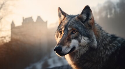 Fototapeta premium portrait head shot of a grey wolf with an old castle at background, misty hills smokes, golden hours, generative ai