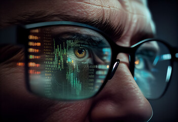 illustration of man glasses close up looking at chart graph on the screen in data centre. AI