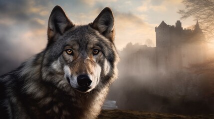 portrait head shot of a grey wolf with an old castle at background, misty hills smokes, golden hours, generative ai