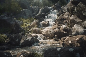 Naklejka na ściany i meble Low angle view of waterfall on rocks in forest, Generative AI