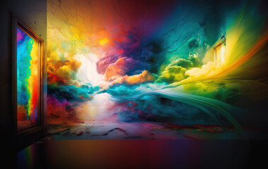 A colorful cloud with a rainbow path leading into a heaven door, in the style of surrealistic dream like scenes, landscape behind the door. Generative AI.