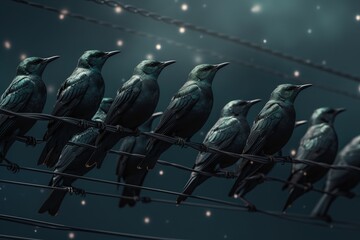 Starlings on a electrical wire, Generative AI