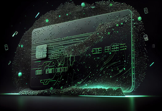 illustration of credit card with data theme hologram drawing E-commerce concept. AI