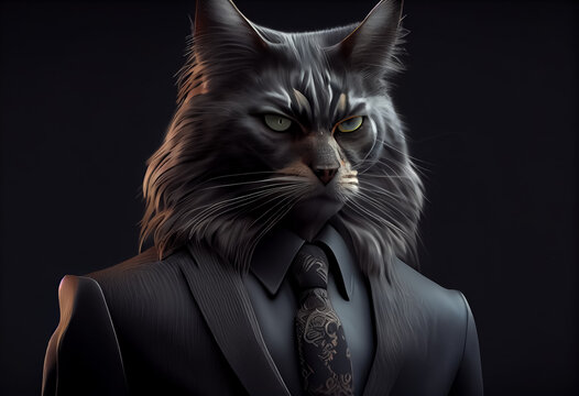 illustration of cat in black stylish business suit look strong and not cute. AI