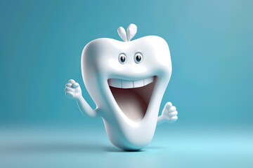 3D realistic happy white tooth , Tooth cartoon characters with thumbs up on bright background , Cleaning and whitening teeth concept, medicine.  ai generated.
