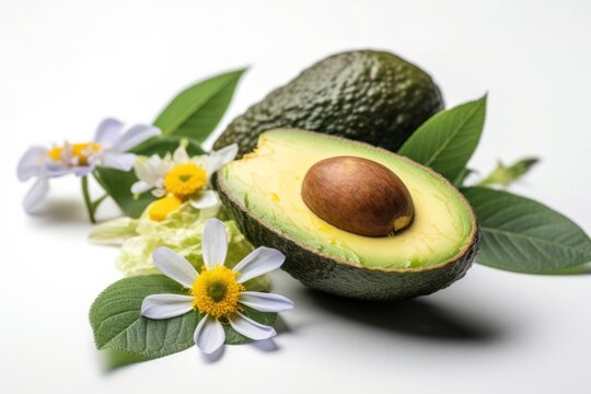Avocado con fiori su sfondo chiaro, bianco. 