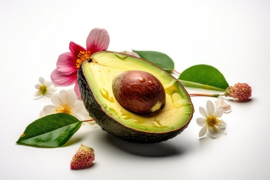 Avocado con fiori su sfondo bianco.
