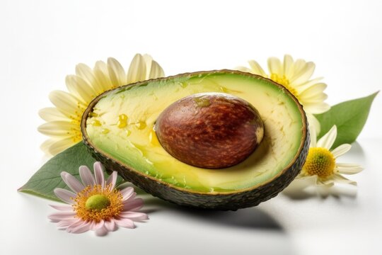 Avocado con fiori su sfondo chiaro.