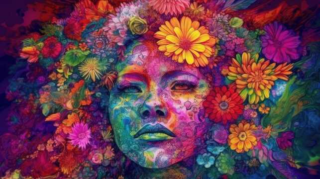 psychedelic floral lady portrait, Gaia soul - by generative ai