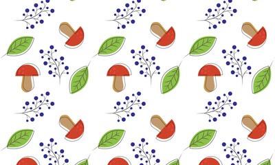Vector seamless pattern with leaves and mushrooms for the design of fabrics, clothes, banners