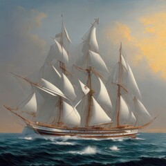 the painting depicts a tall ship sailing in a calm ocean, generative AI