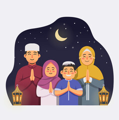 a muslim family celebrating happy eid al fitr, eid al fitr flat vector illustration