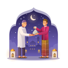a muslim giving charity to old man, muslim vector illustration