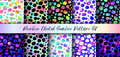 Rainbow Cheetah seamless patterns set. Vector gradient wild animal leopard skin, leo texture with black, neon and rainbow spots for fashion print design, wrapping paper, backgrounds, wallpapers.
