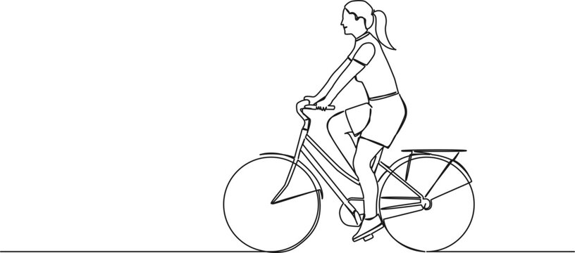 continuous single line drawing of woman on bicycle, line art vector illustration