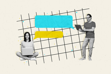 Creative collage portrait of two black white gamma people use netbook chatting dialogue bubble ukraine news isolated on drawing grey background