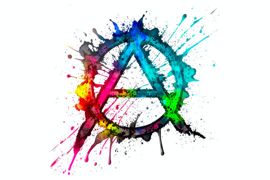 anarchy sign is drawn with multi-colored watercolors isolated on a white background. Generated by AI