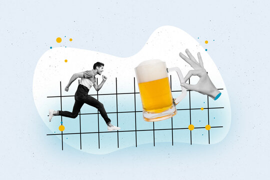 Creative collage image of mini excited black white colors guy running big arm fingers hold pint beer isolated on painted background