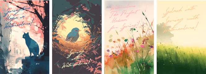 Spring watercolor illustration. Birds in the nest, cat on the street, grass and meadow. Sunlight. Set of vector pictures.