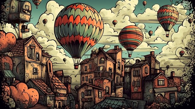 Hot air balloons in the background of the old city Generative AI