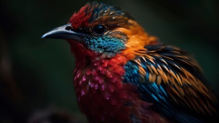 Vibrant Portrait of a Colorful Bird on Dark Background - Shot with Stunning Detail and Vivid Plumage, Showcasing the Exotic Beauty of Nature's Feathered Fauna