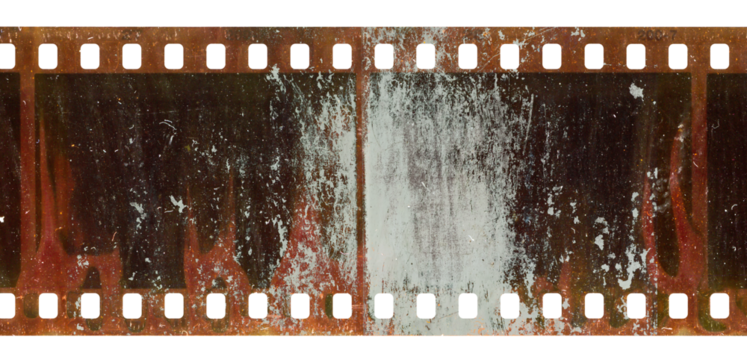 single 35mm film strip with color smear marks isolated, grungy film material. 