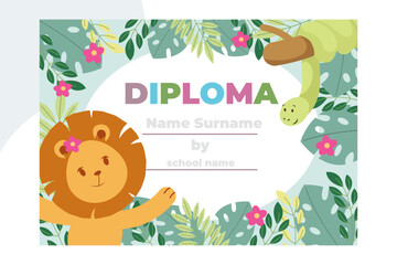 Kids diploma with woodland animals and Indian child for school, preschool, kindergarten. - obrazy, fototapety, plakaty