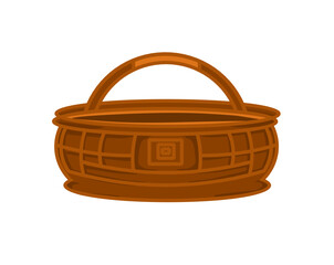 Vector wicker basket in cartoon flat style. Handmade willow box with handle, on white background