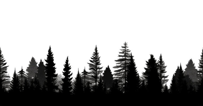 Horizontally seamless grayscale forest silhouette on pure white background. Generative AI