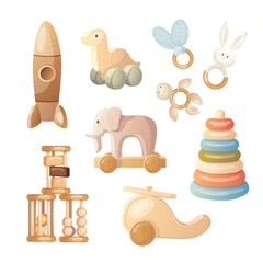 Children wooden toys illustrations.