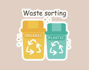 Concept Ecologic organic plastic containers waste sorting title. This is a flat vector illustration with a cartoon-style concept that promotes ecologic practices. Vector illustration.