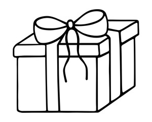 Gift in a square box. Sketch. The surprise is tied with ribbons and decorated with a bow. Vector illustration. Isolated background. Coloring book for children. Doodle style. Holiday package delivery. 
