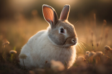 Sunlit Serenity. Rabbit in Flower Field, created with Generative Al technology.