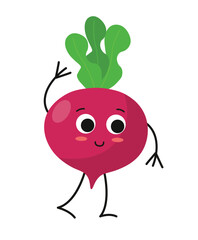 Concept Cute vegan food beet vegetable. The concept of this design is a flat vector illustration of a cute beet character, which has been created using cartoon elements. Vector illustration.