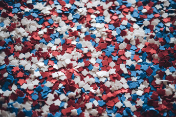 Fototapeta na wymiar Festive red white and blue 4th July party celebration confetti background. Generative ai