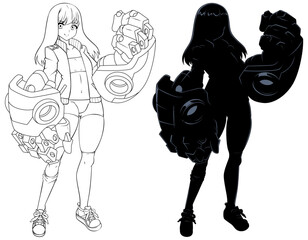 Anime Girl Line Art and Silhouette