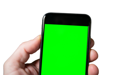 Smartphone mockup with green screen display. Hand with smartphone. A man holding a mobile phone isolated on transparent background