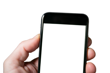 Smartphone mockup with blank transparent display. Hand with smartphone. A man holding a mobile phone isolated on transparent background