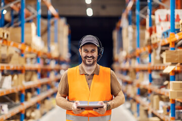 Portrait of a delivery center worker tracking shipment on tablet while standing in storage and smiling at the camera. - obrazy, fototapety, plakaty