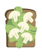 Concept Tasty toast with lettuce and mushrooms. An illustration created using flat vector techniques depict a cartoon breakfast of toast with lettuce and mushrooms. Vector illustration.