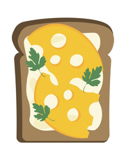 Concept Tasty toast with cream cheese sliced cheese and parsley. An illustration created using flat techniques depict snack of toast with cream cheese, cheese, and parsley. Vector illustration.